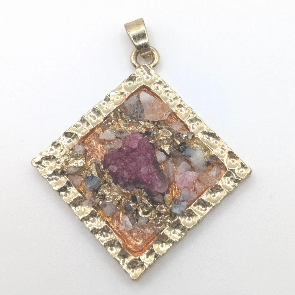 Gold Tone Square Raw Stone Cluster Pendant Magenta Quartz Bohemian Jewelry